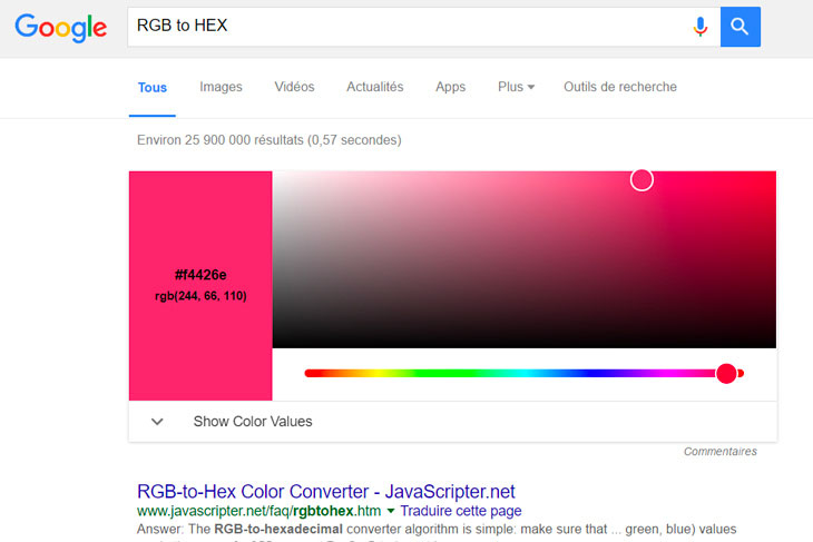 Google convertit les couleurs RVB et HEX